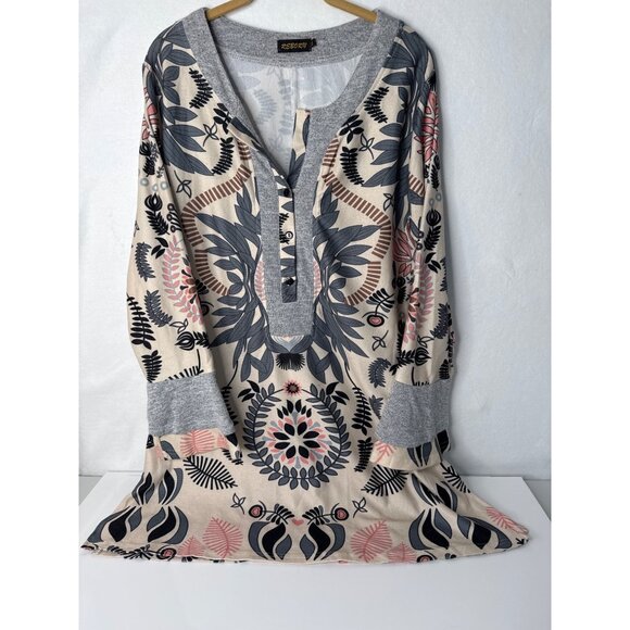 Reborn Floral Long Sleeve Tunic Dress With Buttoned Neckline & Grey Accents XL - Picture 1 of 10